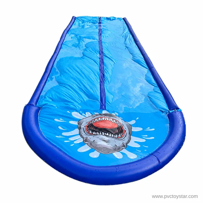 Blue shark dual-lane lawn water slide on a white background