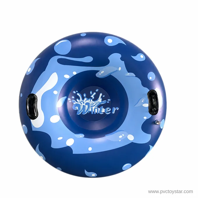 Top view of a blue inflatable snow tube with splash artwork and two black handles